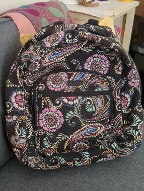 Vera Bradley Quilted Floral Paisley Backpack - Black with Pink & Mint Accents